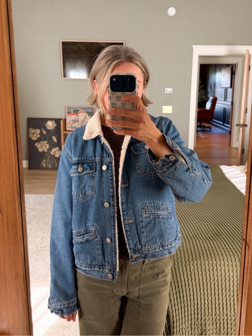 Gap Denim Sherpa Lined Trucker Jacket Blue Cotton Coat Size Large